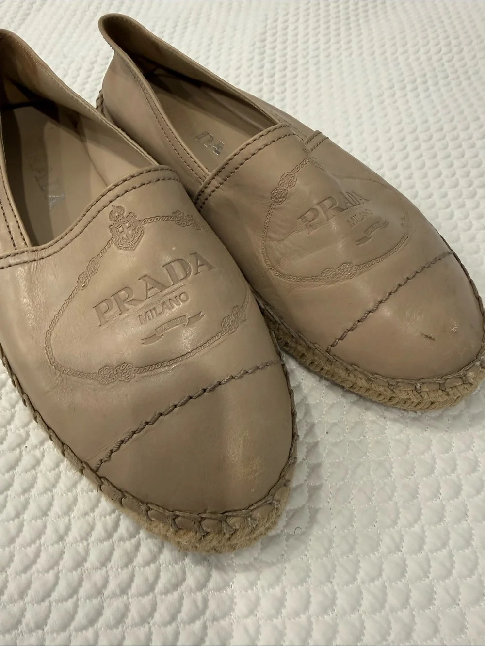 Prada Taupe Leather Espadrille Flats, Size 5 (IT 35)